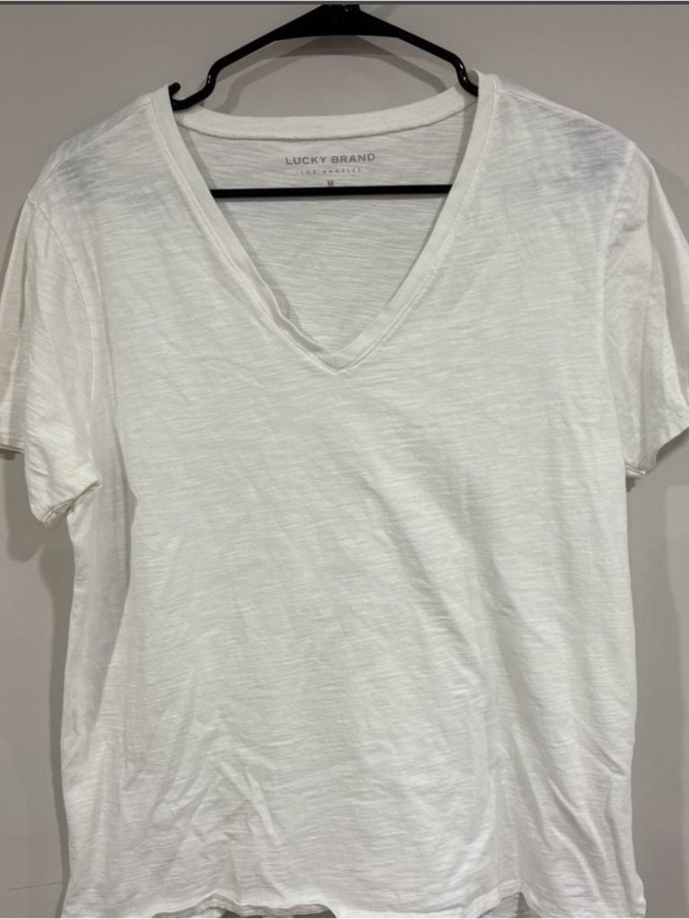 Lucky Brand White Slub Cotton Knitted Essential V Neck Tee T Shirt Size M EUC